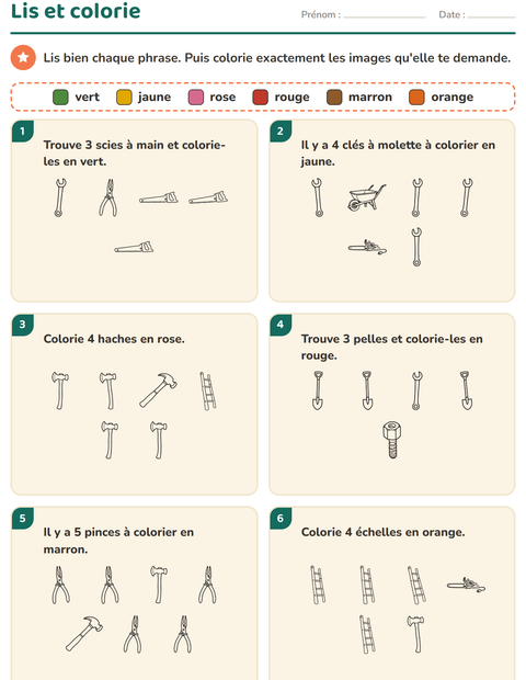 Aperçu de la fiche Lis et colorie avec Outils NB pour CP (cours préparatoire)