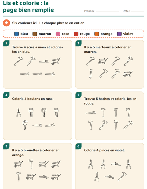 Aperçu de la fiche Lis et colorie avec Outils NB pour CP (cours préparatoire)