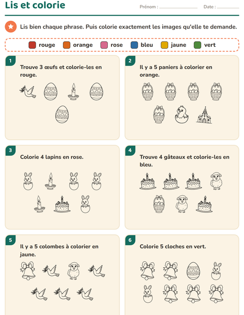 Aperçu de la fiche Lis et colorie avec Pâques NB 2 pour CP (cours préparatoire)