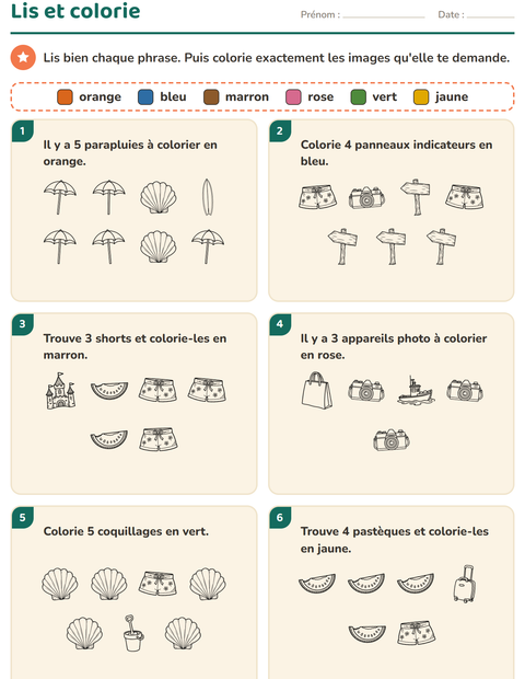 Aperçu de la fiche Lis et colorie avec Plage NB 2 pour CP (cours préparatoire)