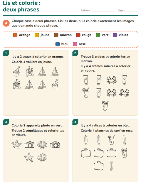 Aperçu de la fiche Lis et colorie avec Plage NB pour CP (cours préparatoire)