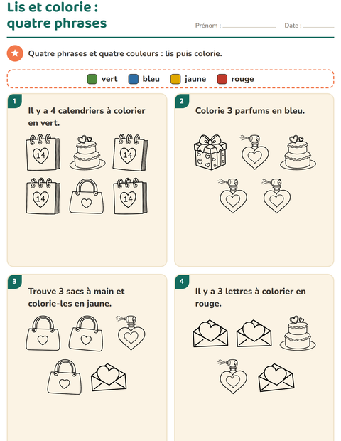 Aperçu de la fiche Lis et colorie avec Saint-Valentin NB 2 pour CP (cours préparatoire)