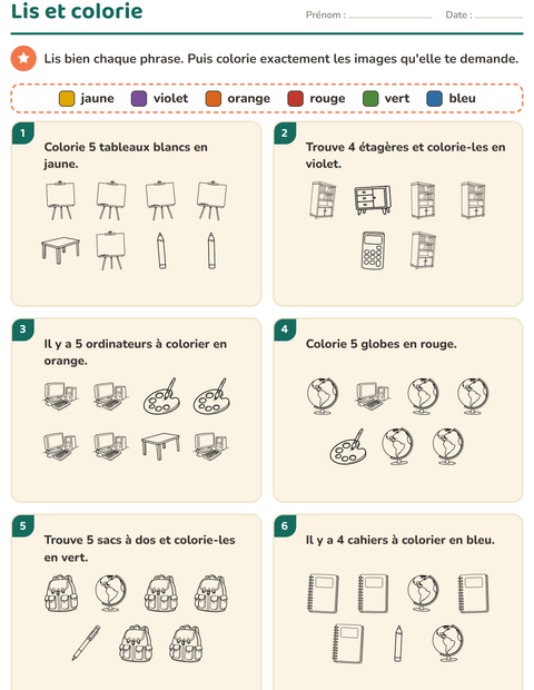 Aperçu de la fiche Lis et colorie avec Salle de classe 2 (N&B) pour CP (cours préparatoire)