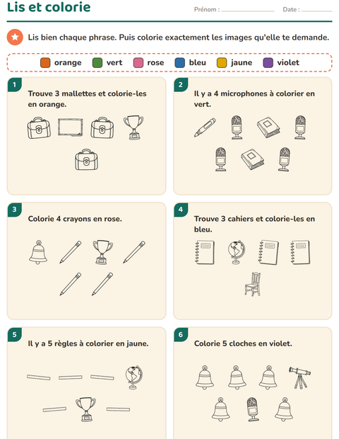 Aperçu de la fiche Lis et colorie avec Salle de classe (N&B) pour CP (cours préparatoire)