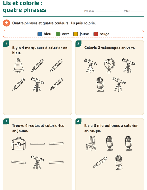 Aperçu de la fiche Lis et colorie avec Salle de classe (N&B) pour CP (cours préparatoire)