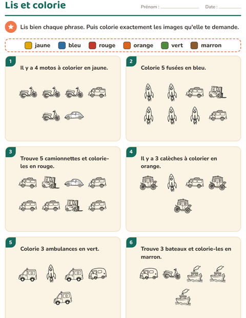 Aperçu de la fiche Lis et colorie avec Véhicules NB 3 pour CP (cours préparatoire)