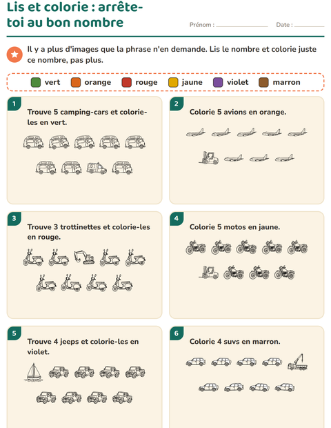 Aperçu de la fiche Lis et colorie avec Véhicules NB pour CP (cours préparatoire)