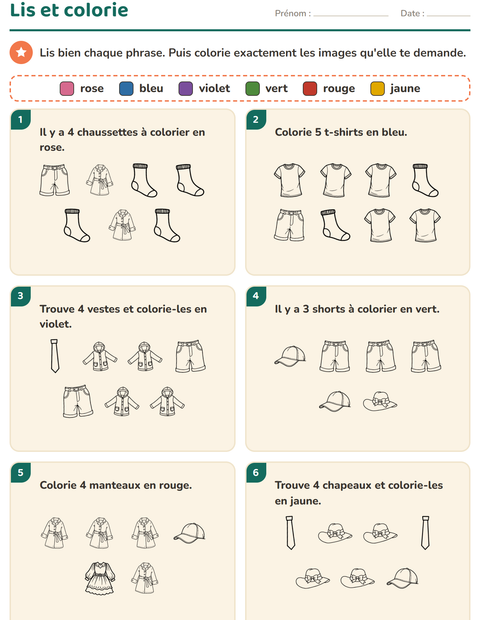 Aperçu de la fiche Lis et colorie avec Vêtements NB pour CP (cours préparatoire)