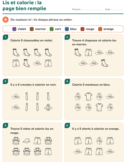 Aperçu de la fiche Lis et colorie avec Vêtements NB pour CP (cours préparatoire)