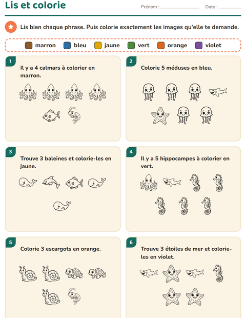 Aperçu de la fiche Lis et colorie avec Vie marine NB 2 pour CP (cours préparatoire)