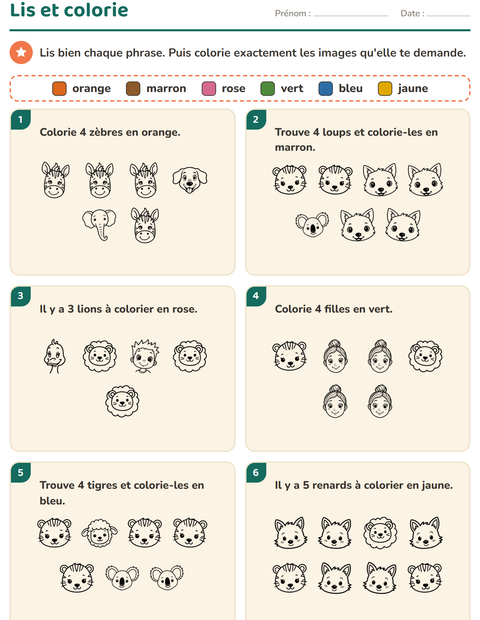 Aperçu de la fiche Lis et colorie avec Visages NB pour CP (cours préparatoire)