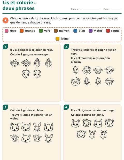 Aperçu de la fiche Lis et colorie avec Visages NB pour CP (cours préparatoire)