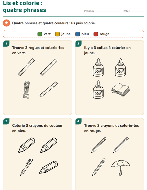 Aperçu de la fiche Lis et colorie avec Éducation NB pour CP (cours préparatoire)