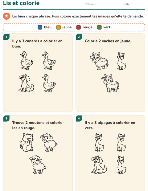Aperçu de la fiche Lis et colorie avec Animaux de la ferme NB pour CP (cours préparatoire)