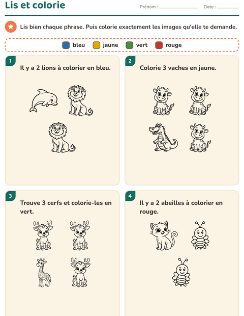 Aperçu de la fiche Lis et colorie avec Animaux NB 3 pour CP (cours préparatoire)