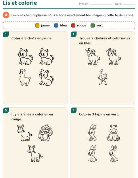 Aperçu de la fiche Lis et colorie avec Animaux NB 4 pour CP (cours préparatoire)