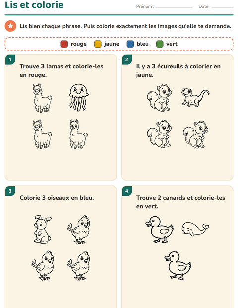 Aperçu de la fiche Lis et colorie avec Animaux NB 5 pour CP (cours préparatoire)