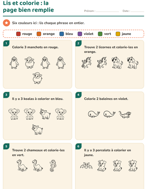 Aperçu de la fiche Lis et colorie avec Animaux NB pour CP (cours préparatoire)