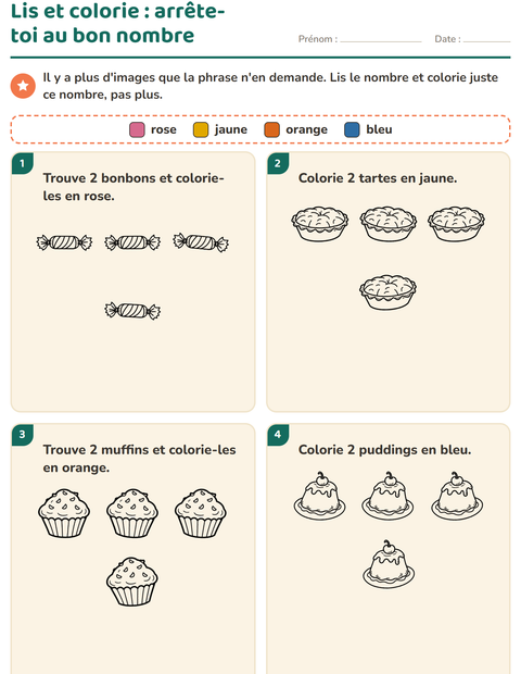 Aperçu de la fiche Lis et colorie avec Dessert (N&B) pour CP (cours préparatoire)