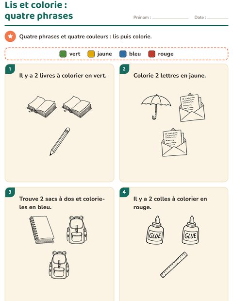 Aperçu de la fiche Lis et colorie avec Éducation NB pour CP (cours préparatoire)