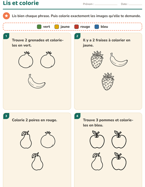 Aperçu de la fiche Lis et colorie avec Fruits NB pour CP (cours préparatoire)