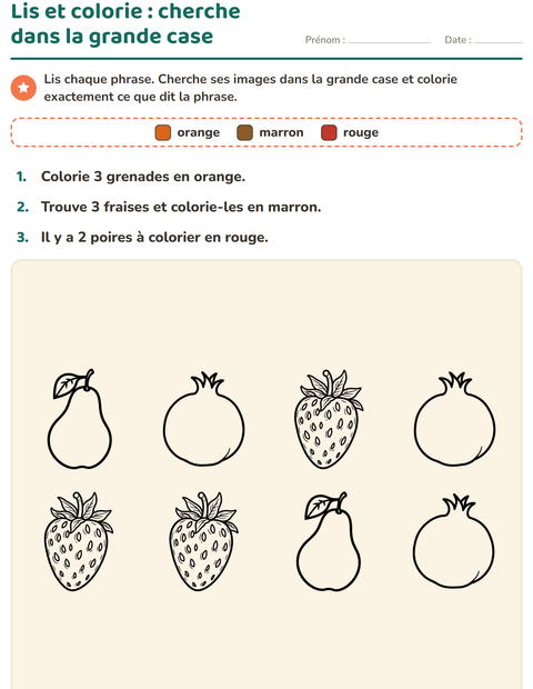 Aperçu de la fiche Lis et colorie avec Fruits NB pour CP (cours préparatoire)