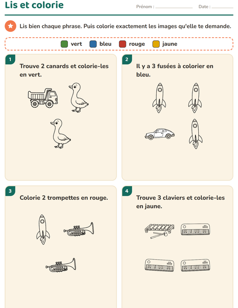 Aperçu de la fiche Lis et colorie avec Jouets NB 2 pour CP (cours préparatoire)
