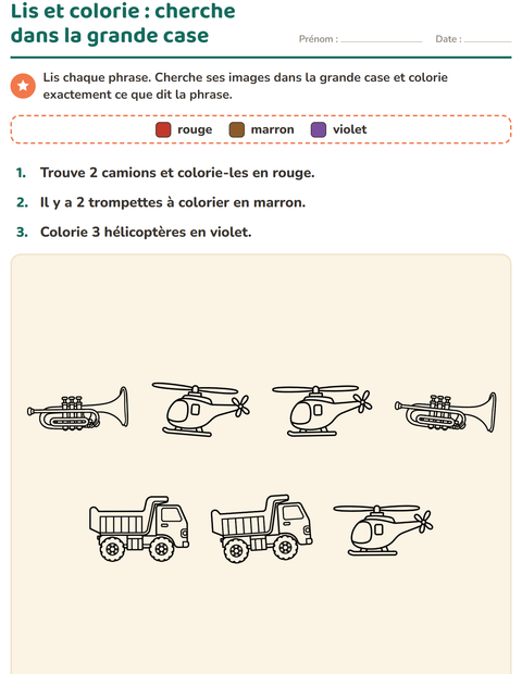Aperçu de la fiche Lis et colorie avec Jouets NB 2 pour CP (cours préparatoire)