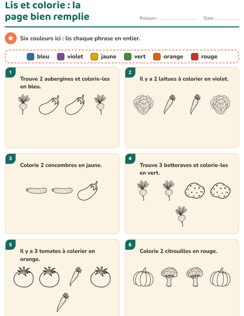 Aperçu de la fiche Lis et colorie avec Légumes NB pour CP (cours préparatoire)