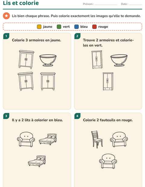Aperçu de la fiche Lis et colorie avec Meubles NB pour CP (cours préparatoire)