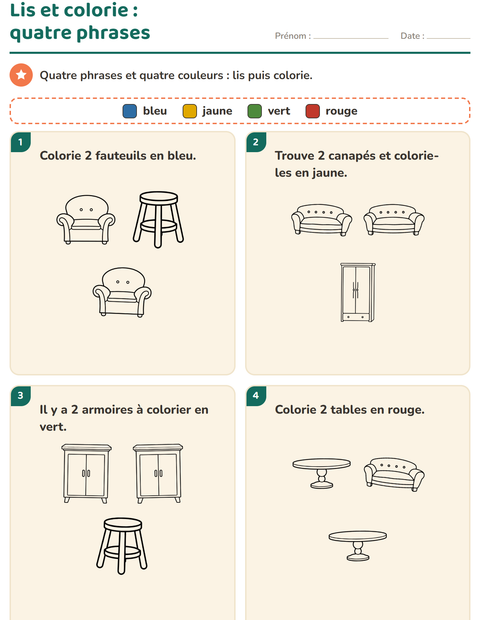 Aperçu de la fiche Lis et colorie avec Meubles NB pour CP (cours préparatoire)