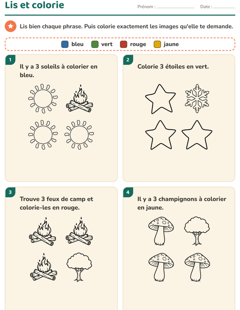 Aperçu de la fiche Lis et colorie avec Nature NB pour CP (cours préparatoire)