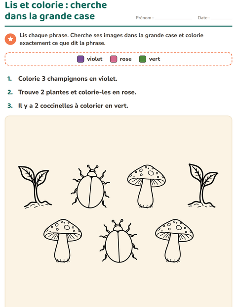 Aperçu de la fiche Lis et colorie avec Nature NB pour CP (cours préparatoire)