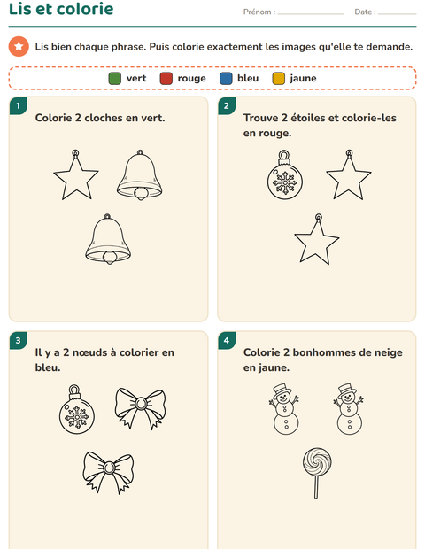 Aperçu de la fiche Lis et colorie avec Noël N&B pour CP (cours préparatoire)