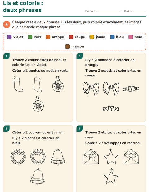 Aperçu de la fiche Lis et colorie avec Noël N&B pour CP (cours préparatoire)