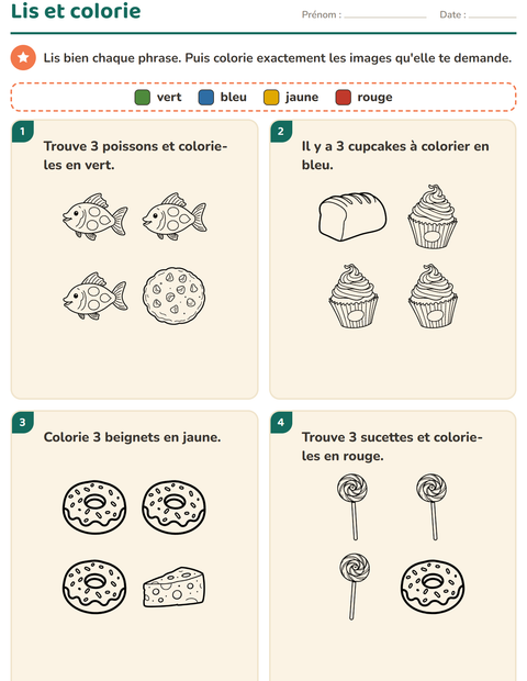 Aperçu de la fiche Lis et colorie avec Nourriture NB pour CP (cours préparatoire)