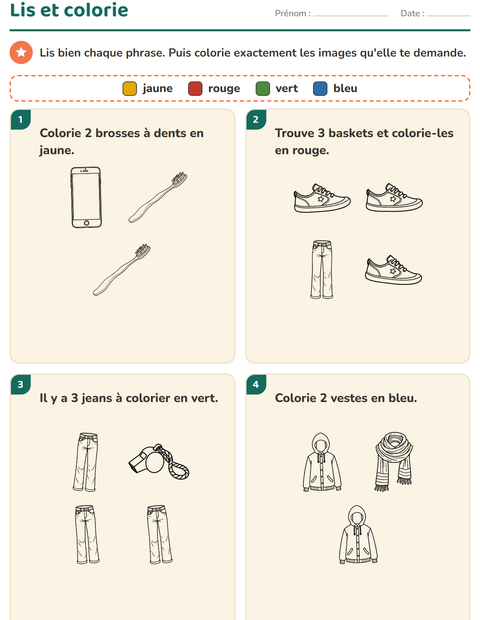 Aperçu de la fiche Lis et colorie avec Objets NB pour CP (cours préparatoire)