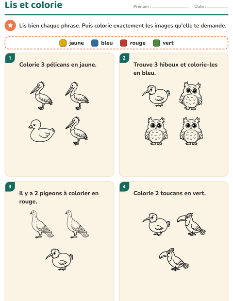 Aperçu de la fiche Lis et colorie avec Oiseaux N&B pour CP (cours préparatoire)