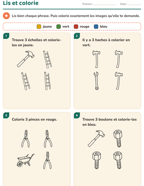 Aperçu de la fiche Lis et colorie avec Outils NB pour CP (cours préparatoire)