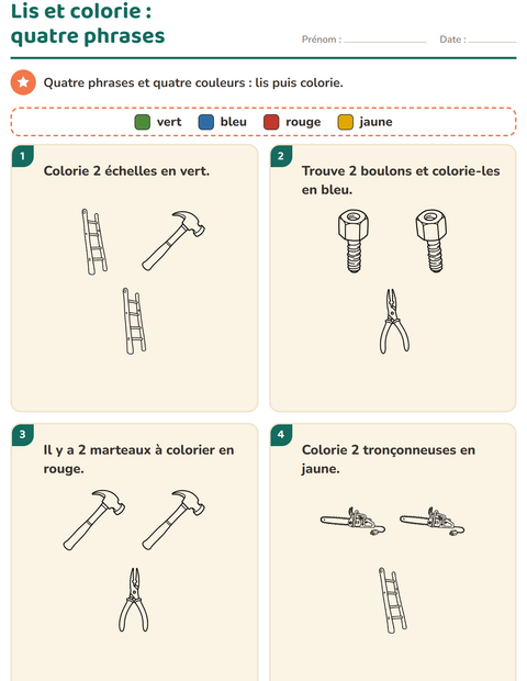Aperçu de la fiche Lis et colorie avec Outils NB pour CP (cours préparatoire)