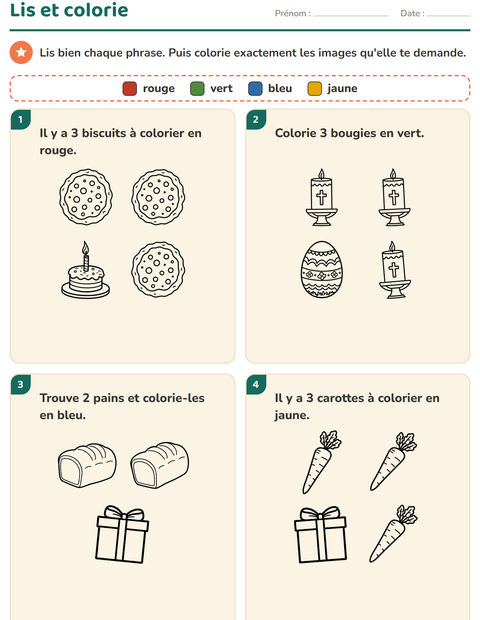 Aperçu de la fiche Lis et colorie avec Pâques NB pour CP (cours préparatoire)