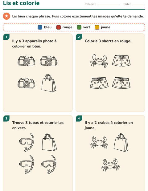 Aperçu de la fiche Lis et colorie avec Plage NB 2 pour CP (cours préparatoire)