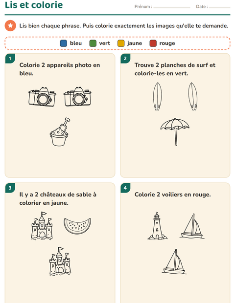 Aperçu de la fiche Lis et colorie avec Plage NB pour CP (cours préparatoire)