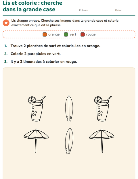 Aperçu de la fiche Lis et colorie avec Plage NB pour CP (cours préparatoire)
