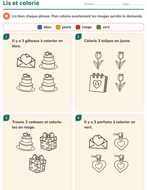 Aperçu de la fiche Lis et colorie avec Saint-Valentin NB 2 pour CP (cours préparatoire)