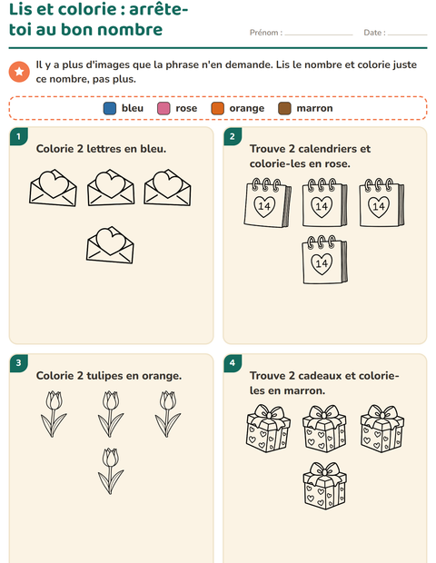 Aperçu de la fiche Lis et colorie avec Saint-Valentin NB 2 pour CP (cours préparatoire)