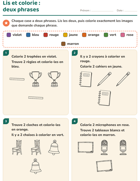 Aperçu de la fiche Lis et colorie avec Salle de classe (N&B) pour CP (cours préparatoire)