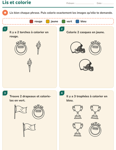 Aperçu de la fiche Lis et colorie avec Sports NB 2 pour CP (cours préparatoire)