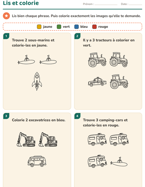 Aperçu de la fiche Lis et colorie avec Véhicules NB 2 pour CP (cours préparatoire)
