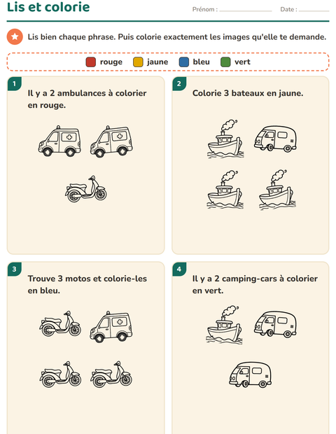 Aperçu de la fiche Lis et colorie avec Véhicules NB 3 pour CP (cours préparatoire)